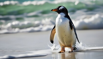 Wall Mural - Gentoo penguin strolling along a sandy beach in a scenic coastal setting