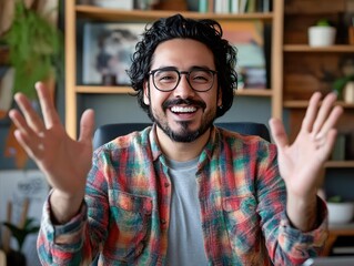 Wall Mural - charismatic hispanic influencer engaging in lively video call home office backdrop