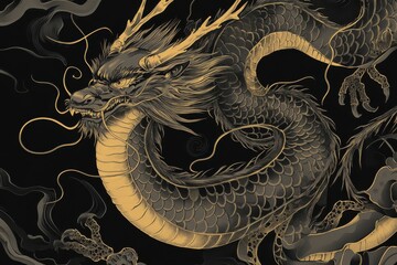 Majestic Chinese dragon illustration with intricate details and swirling patterns showcasing traditional art with vibrant colors and mythical symbolism on a dark background.