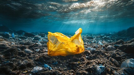 Colorful plastic bag pollutes ocean floor, evoking environmental awareness great for articles on marine pollution and conservation,