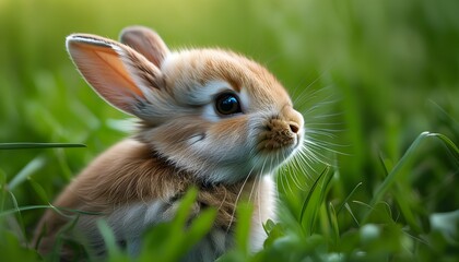 Wall Mural - Adorable bunny nestled in vibrant green grass