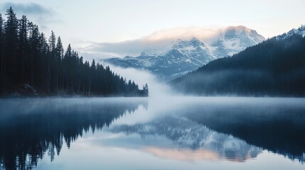 Wall Mural - Tranquil morning mist over a serene mountain lake surrounded by lush evergreen forests at dawn