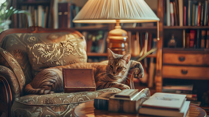 Wall Mural - Cat Relaxing on a Couch in a Cozy Living Room