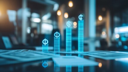 Poster - A visual representation of financial growth with bar charts and dollar signs, set against a backdrop of a modern office and financial planning tools, emphasizing economic progress.