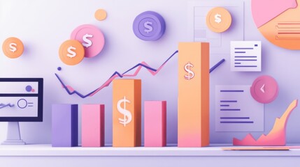 Poster - A visual representation of financial growth with bar charts and dollar signs, set against a backdrop of a modern office and financial planning tools, emphasizing economic progress.