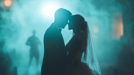 Silhouetted couple in formal attire, embracing in a dreamy fog-lit setting with soft blue lighting