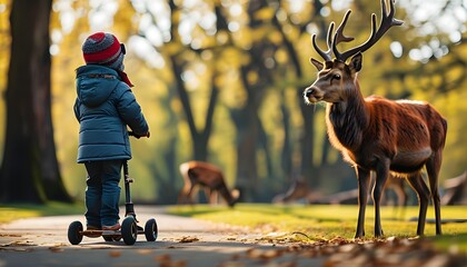 Curious child on a scooter observing a majestic red deer in a serene park setting