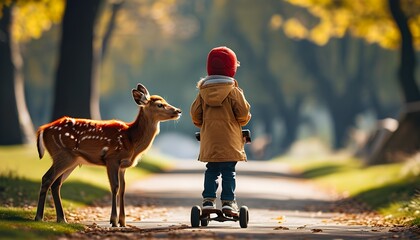 Curious child on a scooter observing a majestic red deer in a serene park setting