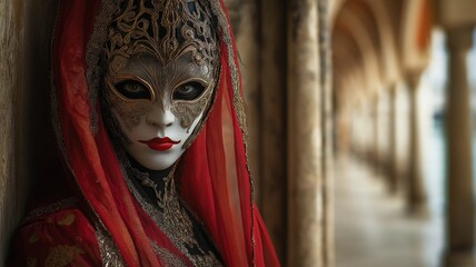 Standing on a stone wall is a masked woman dressed elaborately for the Venetian carnival.