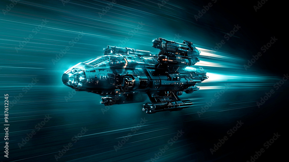 Space Engine Interstellar Dark sleek futuristic sci-fi spaceship traveling in interstellar space ...