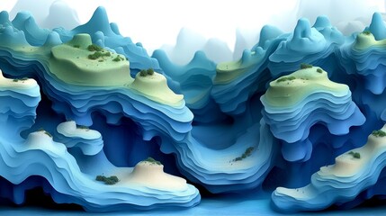 An abstract landscape of waves in soothing shades of blue and green, evoking a sense of tranquility and natural beauty.