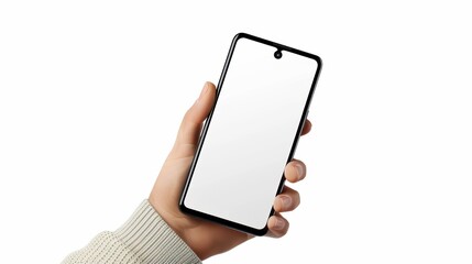 Mobile phone mockup with blank white screen , 3d render illustration put on a sweater, hold a smartphone Mobile digital device isolated.