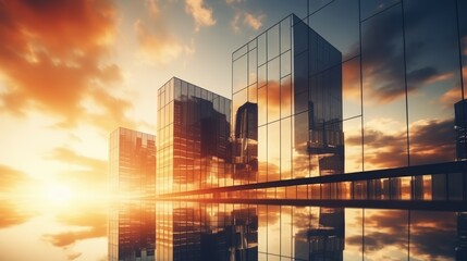 Wall Mural - Modern office building or business center. High-rise window buildings made of glass reflect the clouds and the sunlight. empty street outside  wall modernity civilization. growing up business