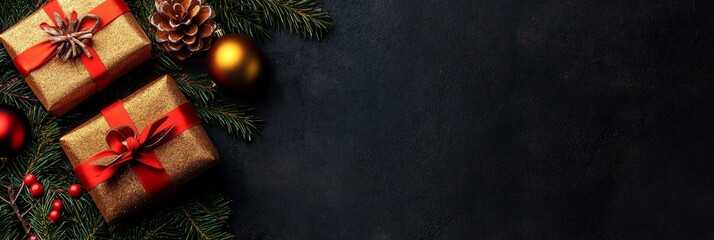 Wall Mural - christmas gift wrapped and new year by pine branches, ornaments, and festive decorations. horizontal