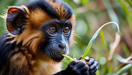 Candid close-up of a baby Gelada monkey grazing amid the stunning backdrop of Simien Mountains in Ethiopia