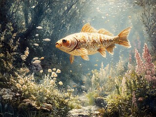 Wall Mural - Golden Carp in a Sunlit Underwater Garden