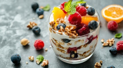 Wall Mural - Colorful yogurt parfait with mixed fruits and nuts, offering a nutritious and tasty treat.