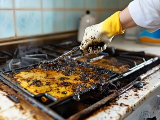 Cleaning and Maintaining a Stove with a Sponge in the Kitchen