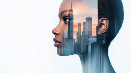 Wall Mural - A woman's face with city skyline in the background, AI