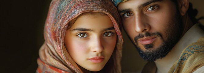 portrait of a young man dressed traditionally with an Arab female.