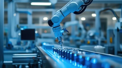 Robotic arm inspecting a product on a factory conveyor belt, automated quality control, advanced manufacturing digital technology AI instead of humans blue tone