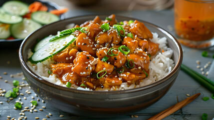 Wall Mural - Chicken Teriyaki with Rice and Cucumber A Delicious Asian Meal