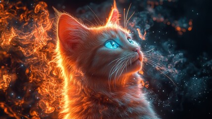 A glowing orange cat with striking blue eyes amidst fiery and smoky effects.