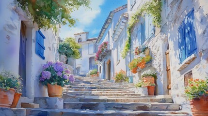 Canvas Print - Watercolor painting of the beautiful streets of a French village, with blue and white buildings, cobblestone stairs leading up to the houses, flower pots on each side of the stone staircases