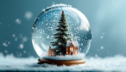 A clean, light blue background with a simple snow globe in the center featuring a tiny Christmas tree, a cozy house, and gently falling snow inside the globe. Made with generative AI technology