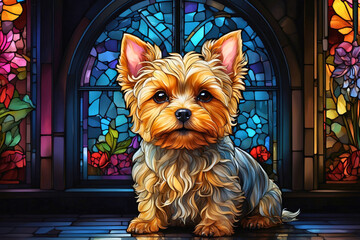 Abstract portrait of a yorkshire terrier dog animal with a colorful stained glass decoration.
