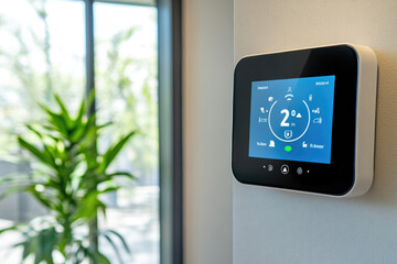 A smart thermostat displaying a temperature of 2 degrees Celsius, mounted on a wall in a modern, bright home with a green plant visible in the background.