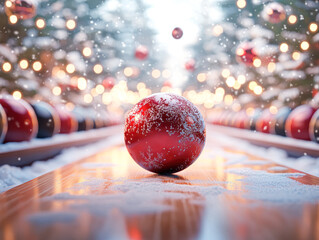 Sticker - Winter Wonderland Bowling Festive Snowy Scene with Warm Ambiance and Classic Sport Fun