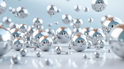 A close-up view of reflective silver spheres scattered on a surface, creating a dynamic, three-dimensional effect with a soft background.