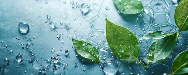 abstract light blue background with leaves and water droplets for a fresh natural look