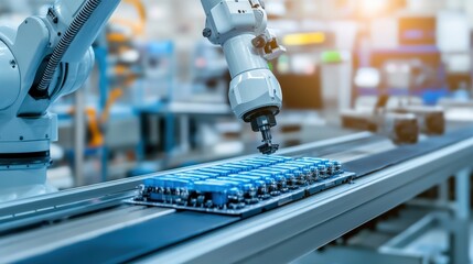 Robotic arm inspecting a product on a factory conveyor belt, automated quality control, advanced manufacturing digital technology AI instead of humans blue tone