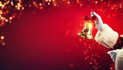 Santa Claus Holding a Glittering Bell with Red Velvet Ribbon. Made with Generative AI Technology