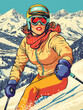 © VetalStock - Poster illustration of a woman skiing at a ski resort in 1960's pop art style