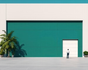 Wall Mural - Minimalist exterior of a distribution center, featuring smooth surfaces and balanced geometric proportions