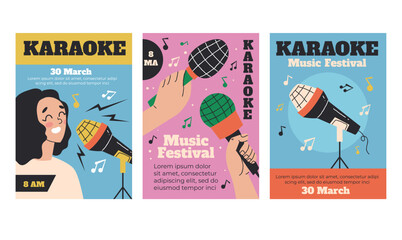 Karaoke microphone mic music retro poster banner flyer concept set. Vector graphic design element illustration