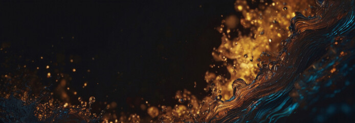 Canvas Print - dark gold liquid splash with sparkling bubbles abstract background