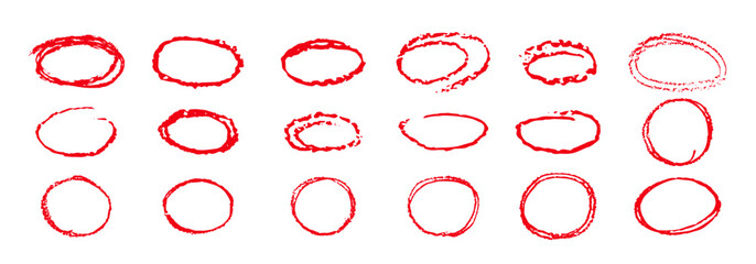 Wall Mural - red pencil highlight circles. crayon handwritten ellipses doodle style. round rough thin frames chil