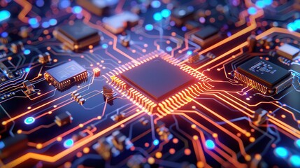 Wall Mural - A detailed view of a glowing microprocessor on a circuit board, showcasing intricate connections and vibrant electrical pathways.