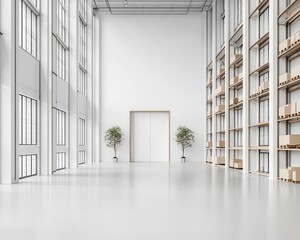 Wall Mural - Minimalist industrial building with symmetrical lines, large open spaces, and neutral colors