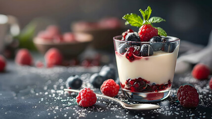 Canvas Print - Delicious Berry Yogurt Dessert with Fresh Raspberries and Blueberries