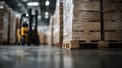 A forklift is seen moving wooden pallets in a large warehouse, focusing on the logistics and distribution process. The smooth concrete floor highlights the clean facilities.