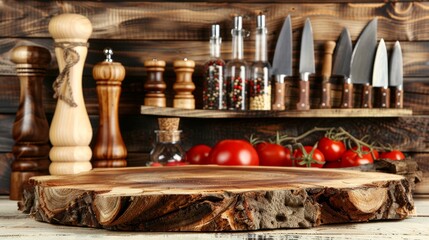 Wall Mural - Wooden cutting board against a bright, modern kitchen backdrop. Kitchen podium background for food product. Ideal for culinary websites, blogs, or any content focused on cooking.