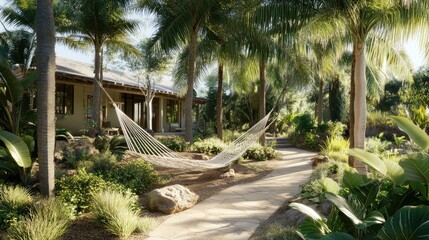 Poster - A shady front yard with a hammock under palm trees, resort-style landscaping with tropical plants, no people, no logos.