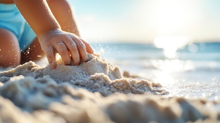 A close-up shot of a child's hand digging in the sand on a sunny beach with the ocean in the background, capturing a moment of playful exploration and innocence.