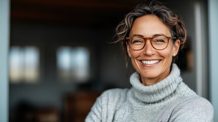 A woman with curly hair wearing glasses and a gray sweater smiles warmly at the camera, exuding comfort, intelligence, and welcoming energy in a cozy indoor setting.