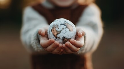 A close-up image of a child holding a small snowy globe in their hands against a backdrop of warm clothing, illustrating the warmth of human connections during the cold winter season.